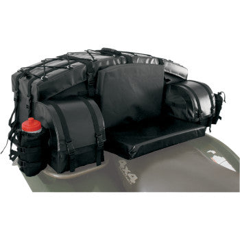 The Rear Bag Rack Arch Series™ Black by Atv-Tek is a heavy-duty, weatherproof polyester ATV storage bag with multiple compartments, straps, a water bottle holder, and cushioned seat for extra utility and rear-mounted storage.
