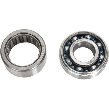 The Yamaha Counter Balancer Bearing Kit by Hot Rods includes a needle roller bearing (left) and ball bearing (right), shown side by side on a white background; these are commonly used for engine case installation in 4-stroke engines.