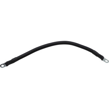 The Battery Cable 10" Black by Moose Offroad is a black 6 gauge stranded copper wire with metal ring terminals on both ends, perfect for connecting a second battery in your UTV. It’s displayed in a slight arc on a white background.