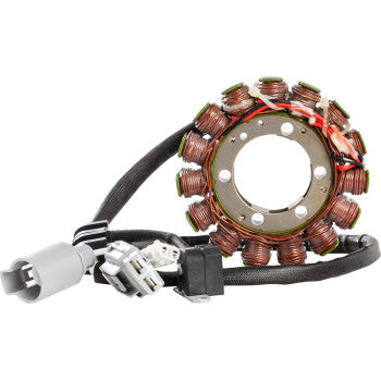 Circular Yamaha stator with coiled copper wiring and black insulated wiring harness with gray connector plugs.