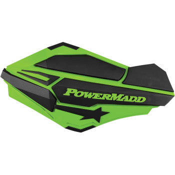 Green and black angular offroad handguard with Powermadd logo and star detail.