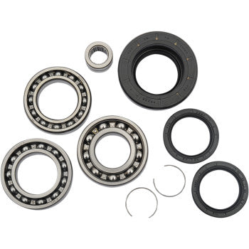 The Differential Bearing Seal Kit Rear Honda TRX by Moose Offroad includes EMQ quality bearings, TC rubber seals, and retaining rings displayed on a white background. The kit’s circular metallic and black rubber parts are arranged together.