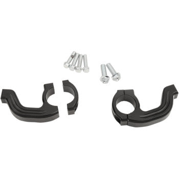 Two black Replacement Contour Hand Guard Inner Mount Clamp Twinwall by Moose Offroad, four silver bolts, and two silver screws on a white background—ideal ATV or dirt bike mounts for securing cylindrical objects.