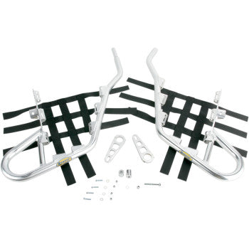 A pair of Can Am Nerf Bars Silver by Motorsport Products, made from extruded aluminum tubing with black webbing, EZ-fit clamp brackets, and mounting hardware are displayed on a white background.