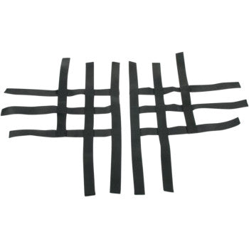 Two black Polaris - Yamaha - Suzuki Nerf Bar Nets by Motorsport Products, made of nylon with loose ends, are arranged side by side in a lattice pattern—perfect replacement webbing for EZ-Fit Nerf Bars—on a white background.