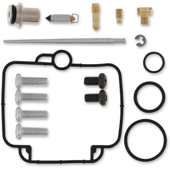 The Polaris Carburetor Repair Kit by Moose Offroad includes a float valve needle, gasket kit, screws, O-rings, brass jets, and small metal parts, all neatly arranged on a white background.