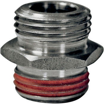 Close-up of the Oil Filter Adapter Nipple by Jagg Oil Coolers, made in the USA, with a metallic threaded body, hexagonal center section, and an orange rubber O-ring near the base for sealing.
