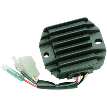 The Yamaha Regulator / Rectifier by Rick's Motorsport Electric is a black, rectangular unit with cooling fins, two mounting holes, and multiple colored wires and connectors on one side for easy installation.