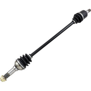 Black metal CV axle shaft with silver-colored metal joints and rubber protective boots on each end.