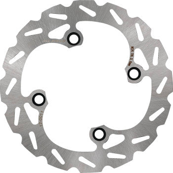 The Brake Rotor by All Balls is a silver, round stainless steel disc with a wavy outer edge, multiple cooling slots, and four mounting holes.