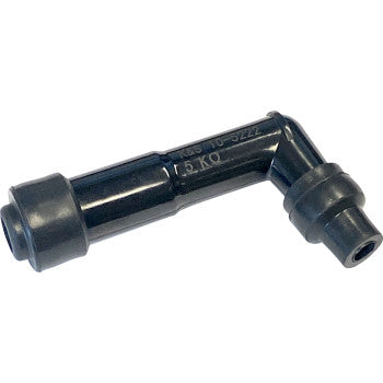 The Spark Plug Cover Resistor 10 12 mm by K&S Technologies is a black plastic 90-degree cap with cylindrical ends, a textured surface, and an adaptable thread size for connecting spark plug wires in engines.