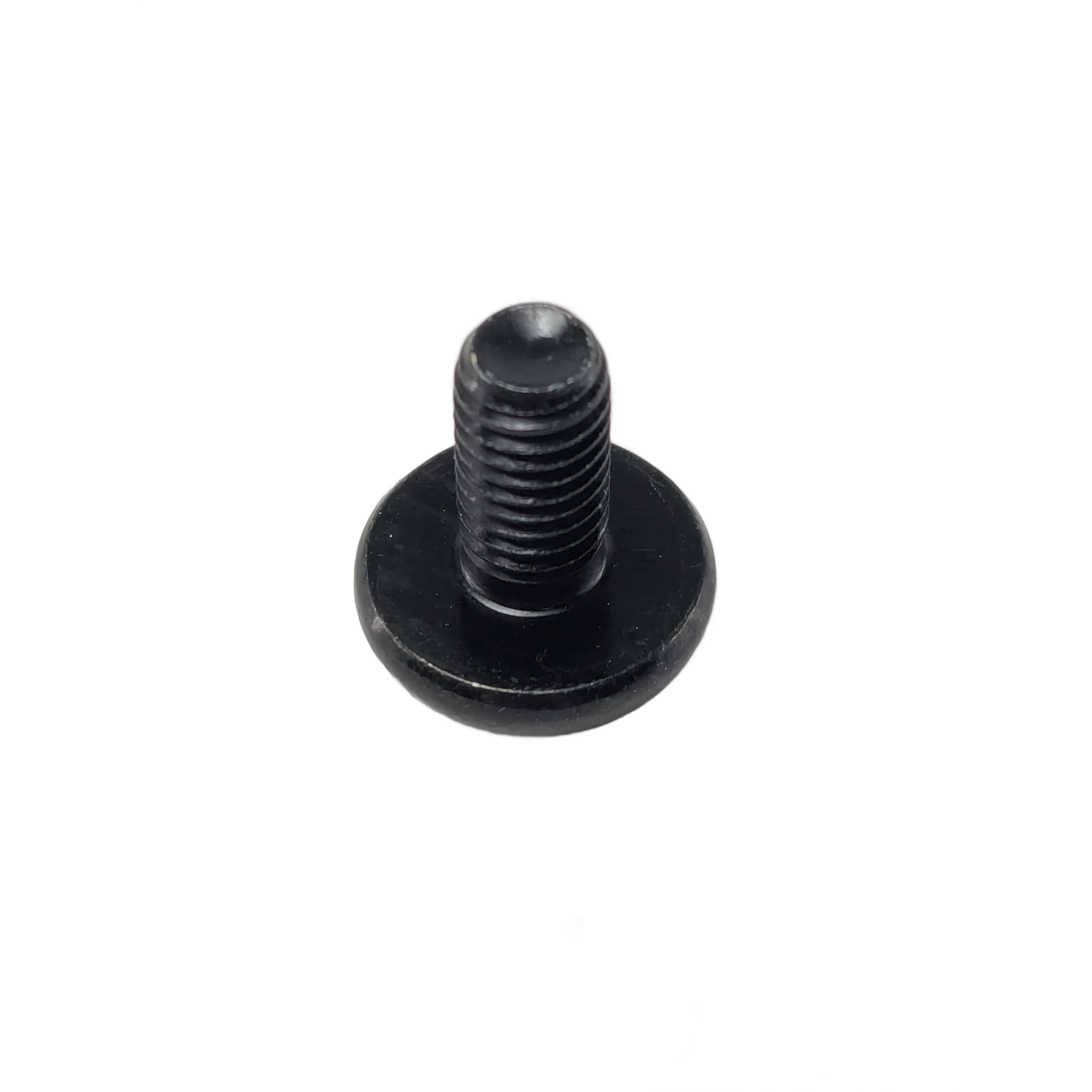 Black metal screw with flat round head and short threaded shaft M6X12 size.