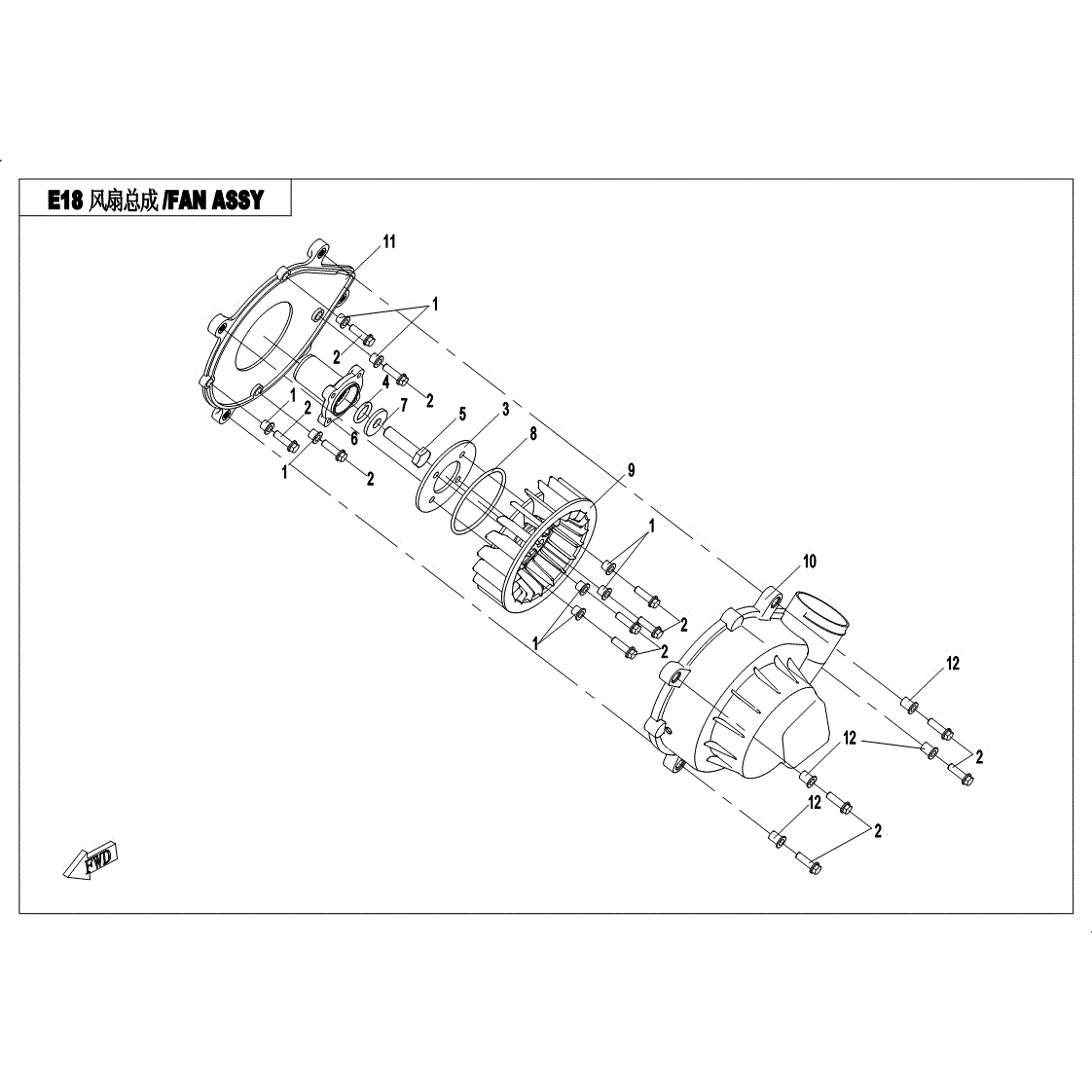 An Image of a Genuine CFMOTO Parts Schematic Diagram showing the schematic - FAN ASSY (ENG) - 2017 CFMOTO UFORCE 500