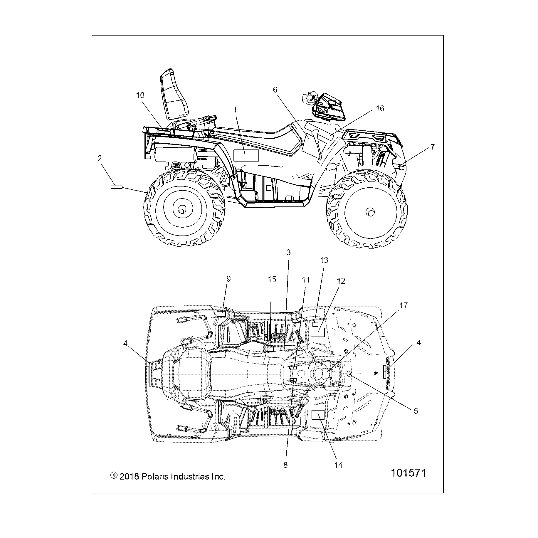 An Image of a Genuine Polaris Parts Schematic Diagram showing the schematic - BODY: DECALS - 2019 POLARIS SPORTSMAN TOURING 570 SP