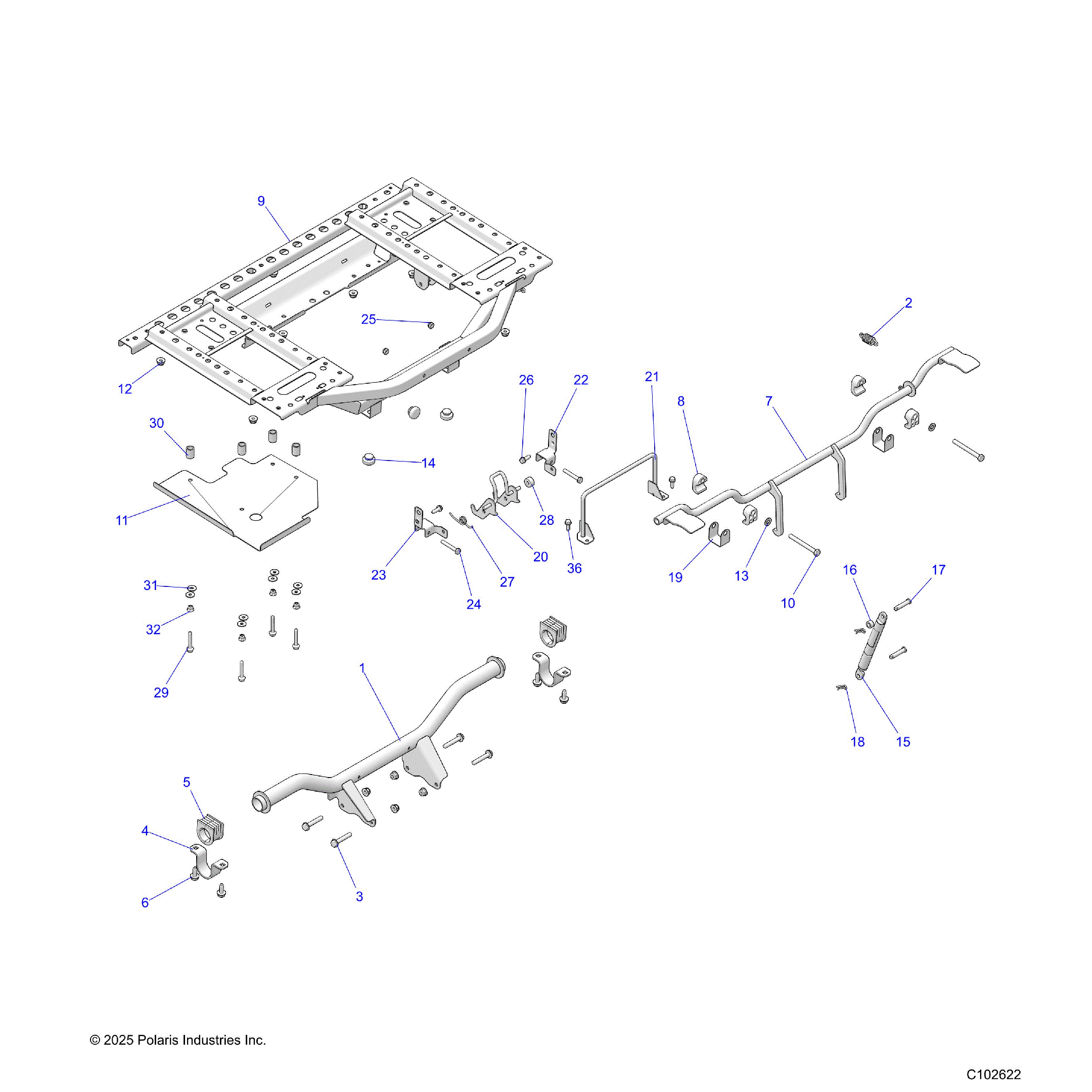 An Image of a Genuine Polaris Parts Schematic Diagram showing the schematic - BODY: BOX REAR FRAME AND PIVOT - 2025 POLARIS SPORTSMAN TOURING 570 X2 EPS