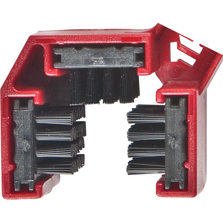 A close-up of the Grunge Brush Replacement Brush Set by Grunge Brush, a red and black tool with stiff bristles, designed for cleaning pipes, tubing, or motorcycle chains. The open end reveals the internal bristles.