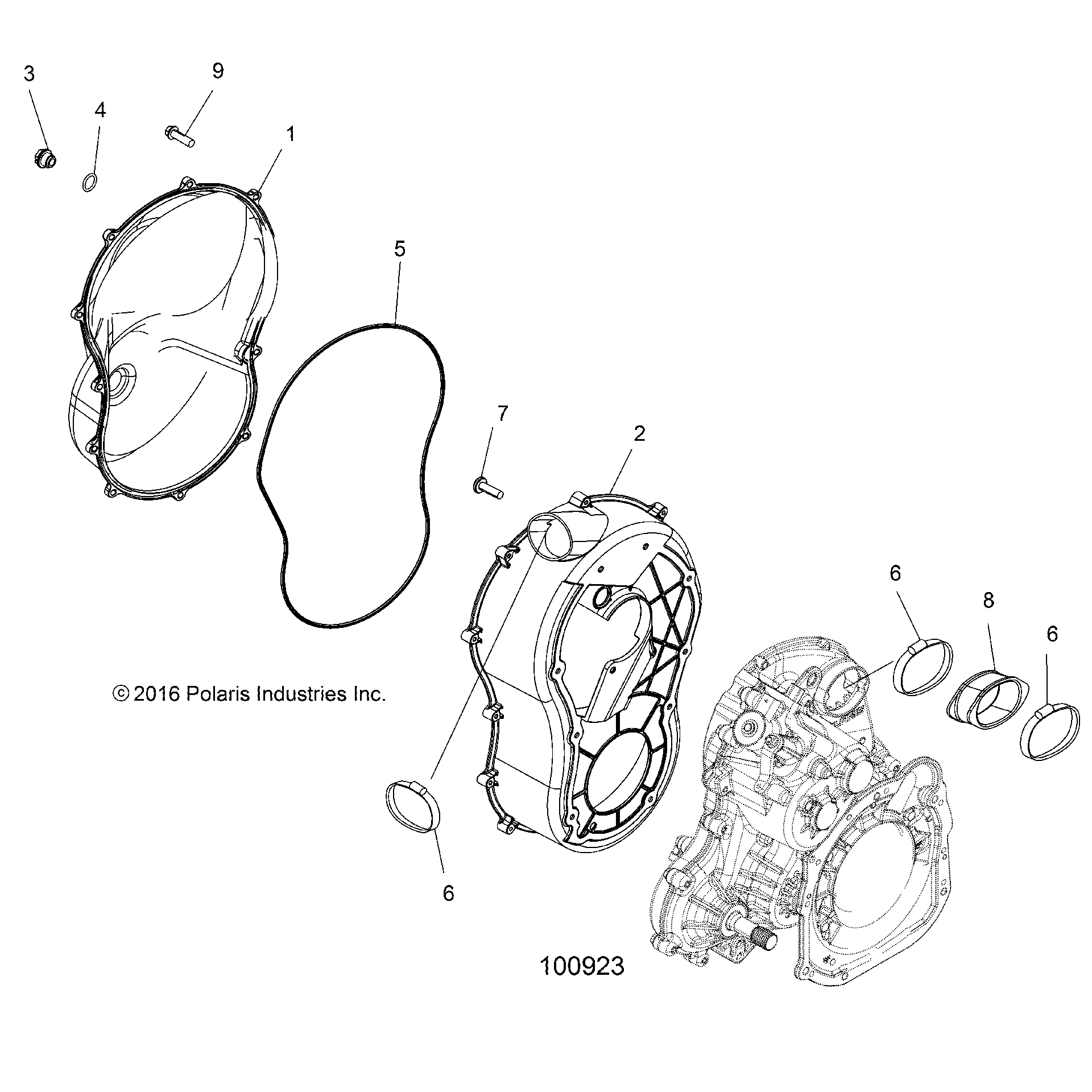 An Image of a Genuine Polaris Parts Schematic Diagram showing the schematic - BODY: CLUTCH COVER AND BOOTS - 2018 POLARIS SPORTSMAN 1000 HIGH LIFTER