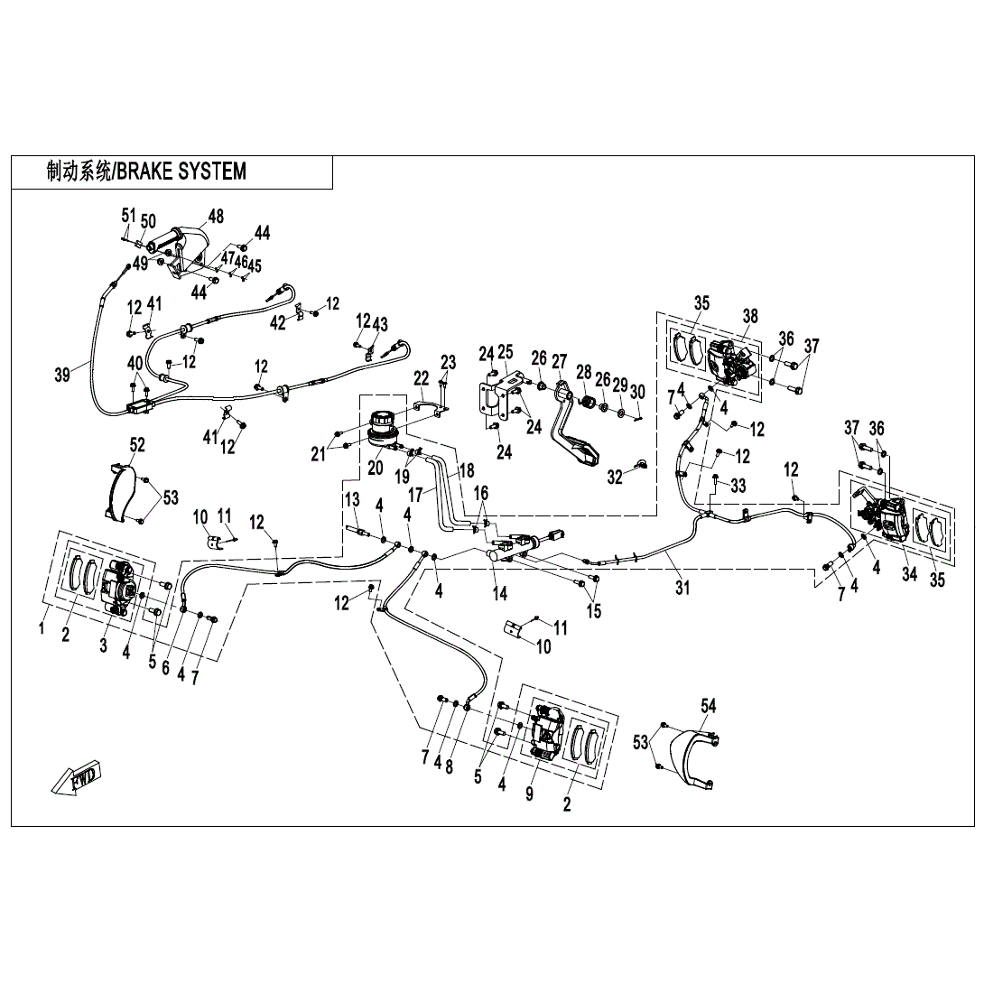 An Image of a Genuine CFMOTO Parts Schematic Diagram showing the schematic - BRAKE SYSTEM - 2021 CFMOTO ZFORCE 950 Sport