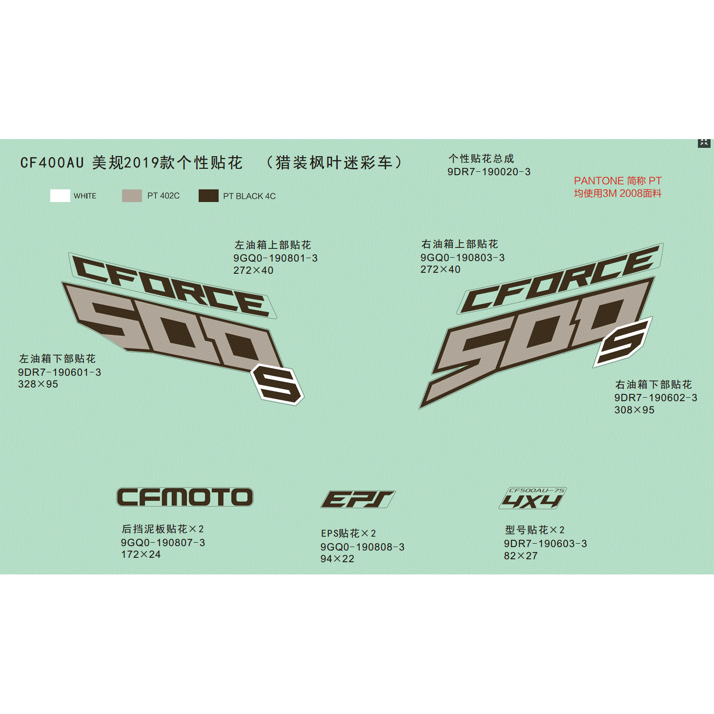 An Image of a genuine CFMOTO Parts Schematic Diagram showing the group - DECAL (FOR 2019 USA TRUE TIMBER CAMO VEHICLE) - 2019 CFMOTO CFORCE 500 S