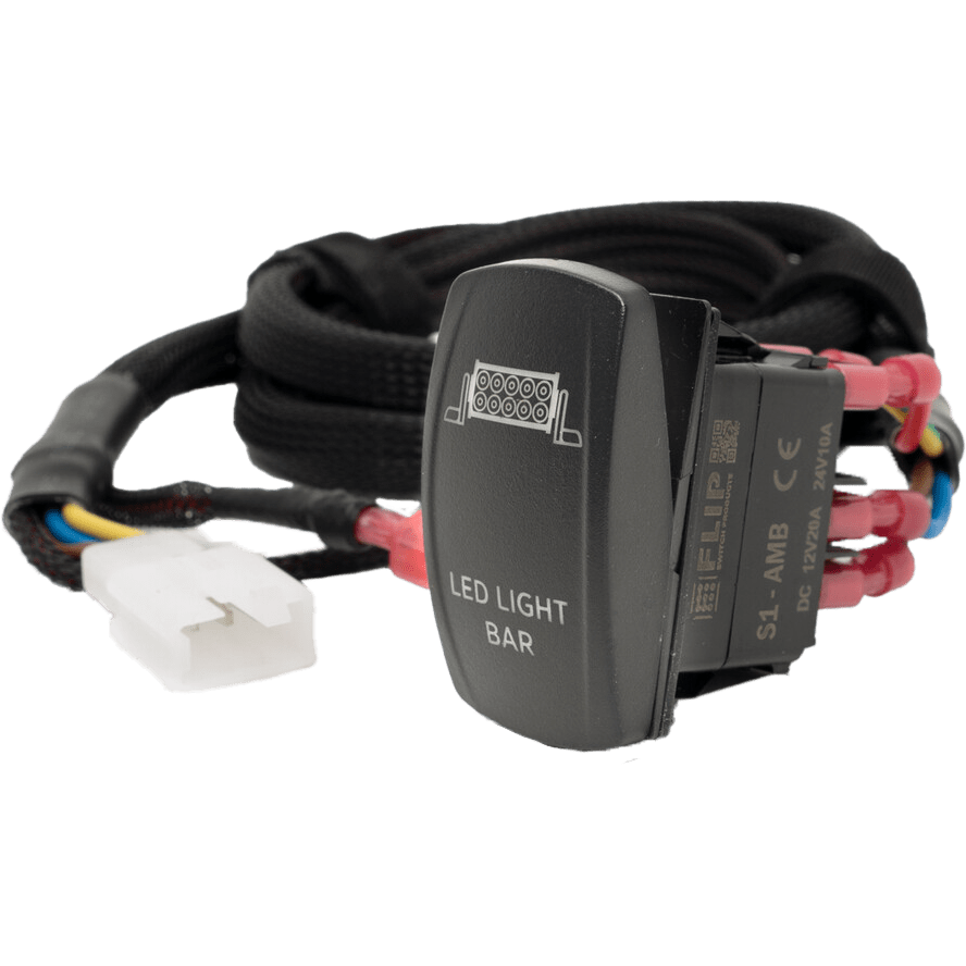 The Ez Harness Standard by Open Trail is a black dash switch for light bars with an EZ harness, white connector, and LED LIGHT BAR label, designed for automotive or off-road vehicle lighting systems.