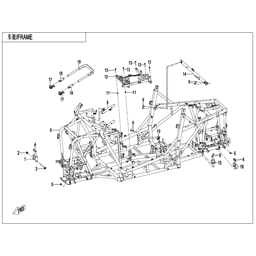 An Image of a Genuine CFMOTO Parts Schematic Diagram showing the schematic - FRAME - 2023 CFMOTO ZFORCE 800 Trail