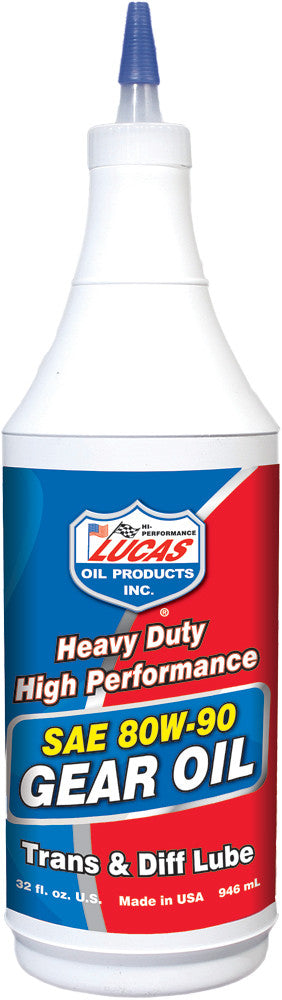 A white plastic quart bottle of Lucas Oil Heavy Duty Gear Oil 80W90, with anti-wear properties, is labeled for transmission and differential use. The 32 fl. oz. container features a blue twist nozzle—ideal for racers and enthusiasts.