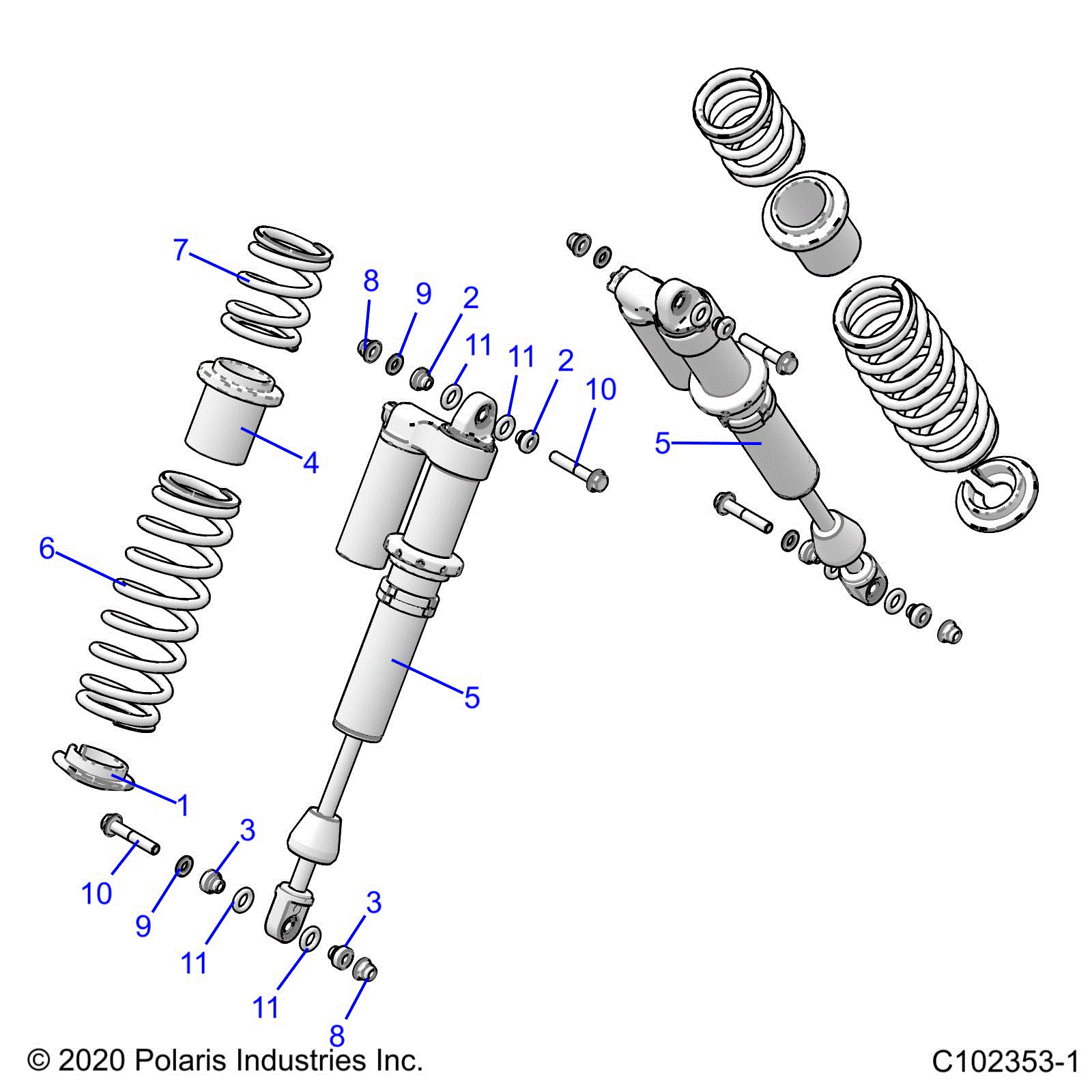 An Image of a Genuine Polaris Parts Schematic Diagram showing the schematic - SUSPENSION: SHOCK REAR - 2021 POLARIS SCRAMBLER XP 1000 S 55"