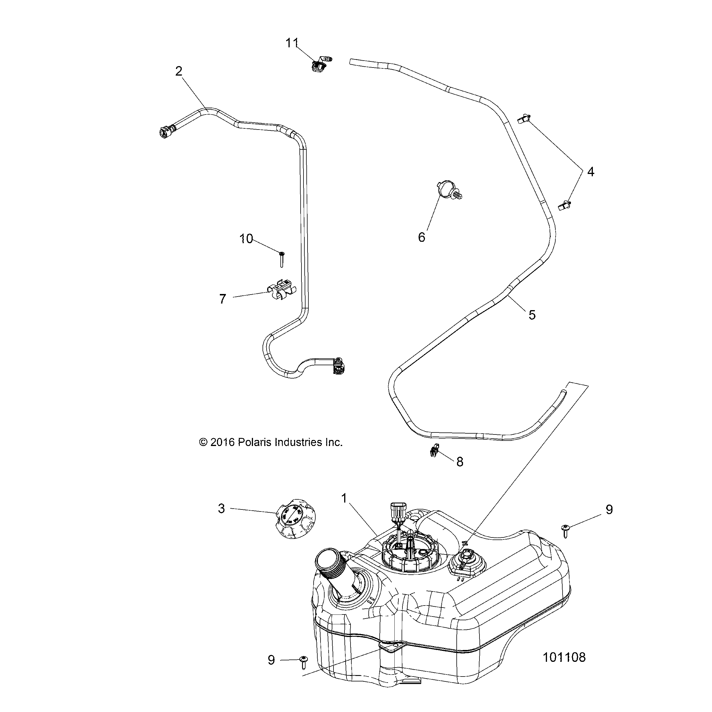 An Image of a Genuine Polaris Parts Schematic Diagram showing the schematic - BODY: FUEL TANK - 2017 POLARIS ACE 900 EPS XC