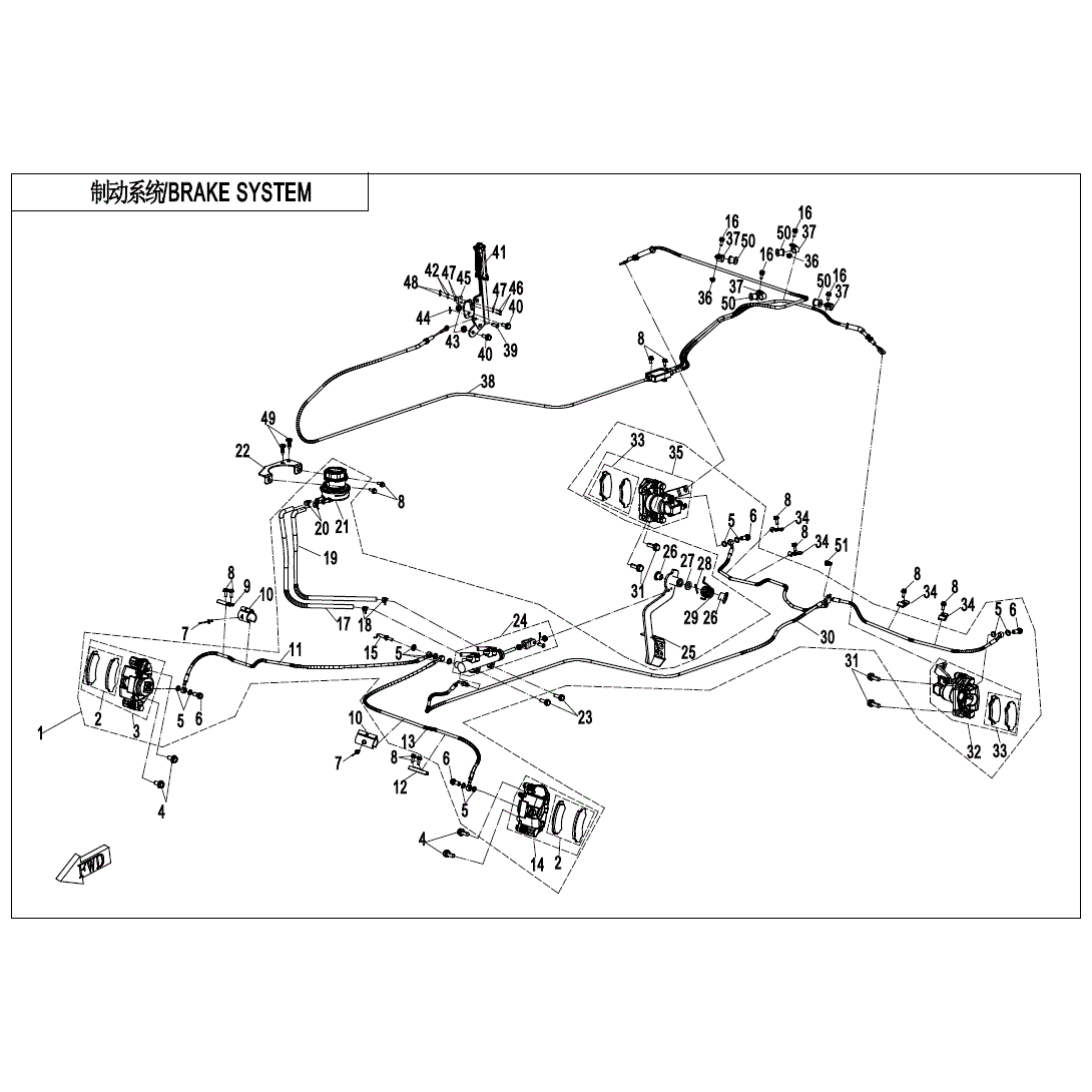 An Image of a Genuine CFMOTO Parts Schematic Diagram showing the schematic - BRAKE SYSTEM - 2021 CFMOTO UFORCE 1000