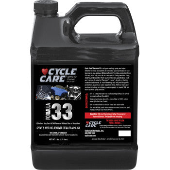A black plastic gallon jug of Formula 33 Detailer & Bug Remover by Cycle Care Formulas, featuring a detailed label—perfect as a motorcycle windshield cleaner and bug remover.