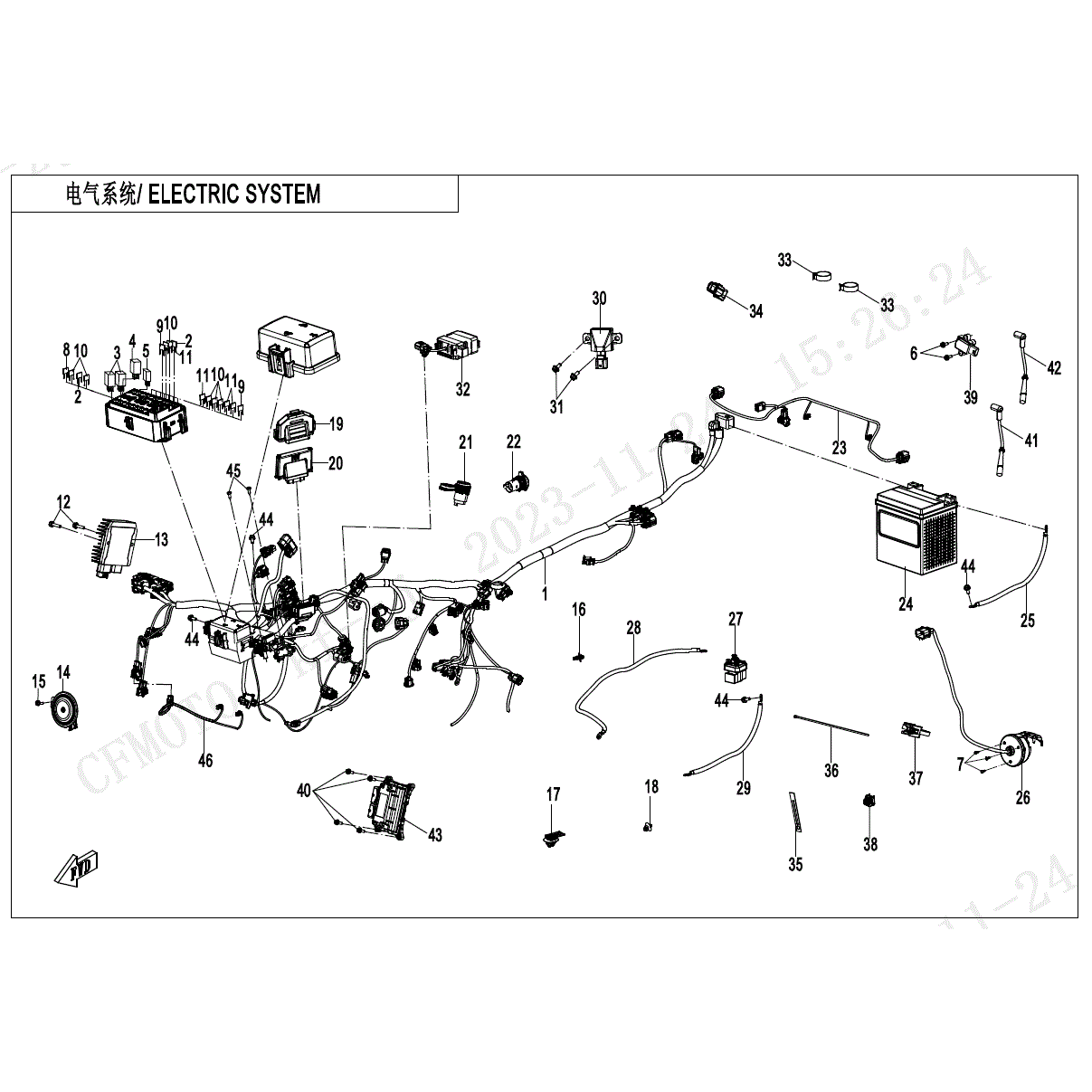 An Image of a genuine CFMOTO Parts Schematic Diagram showing the group - ELECTRIC SYSTEM - 2024 CFMOTO CFORCE 1000 TOURING