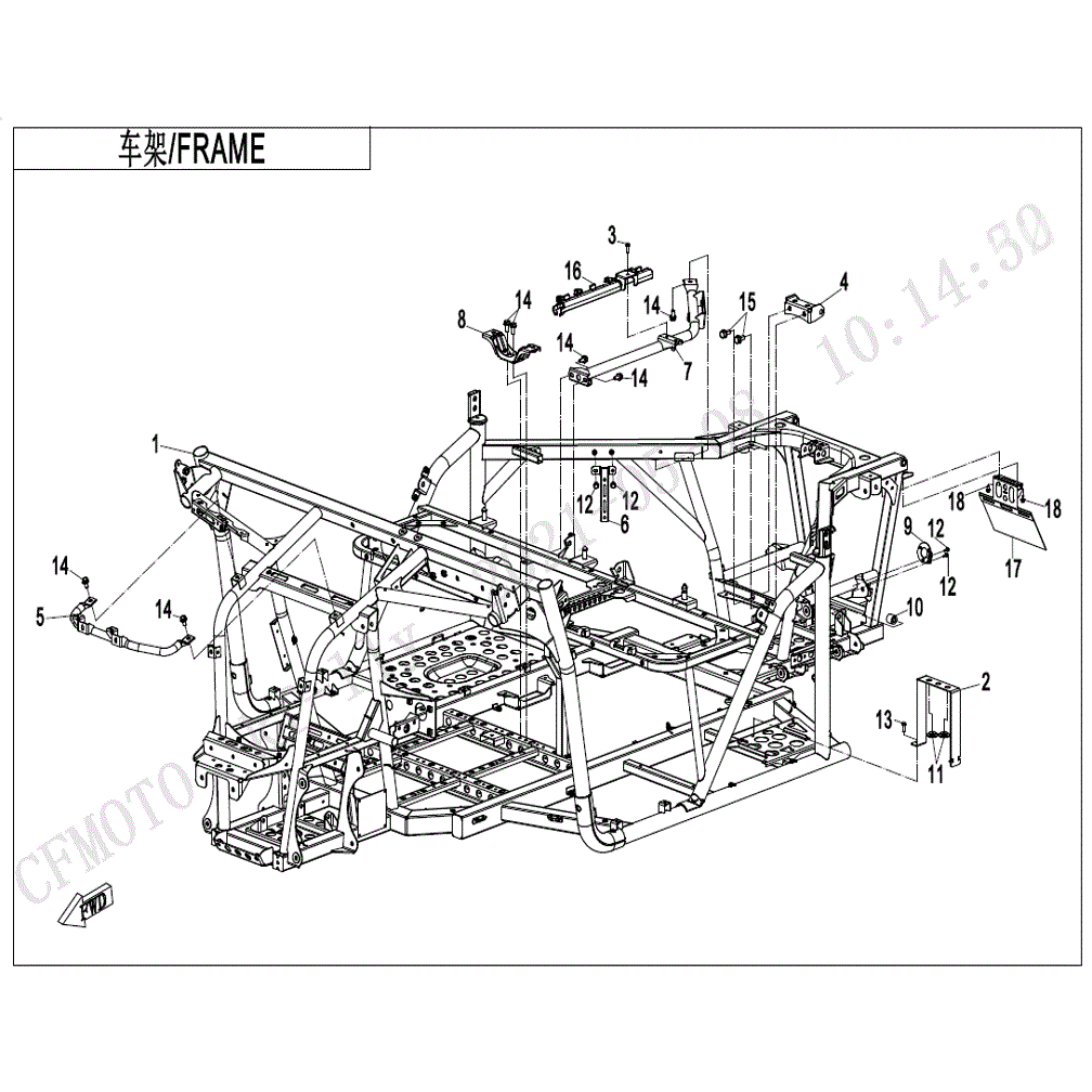 An Image of a Genuine CFMOTO Parts Schematic Diagram showing the schematic - FRAME - 2021 CFMOTO UFORCE 600
