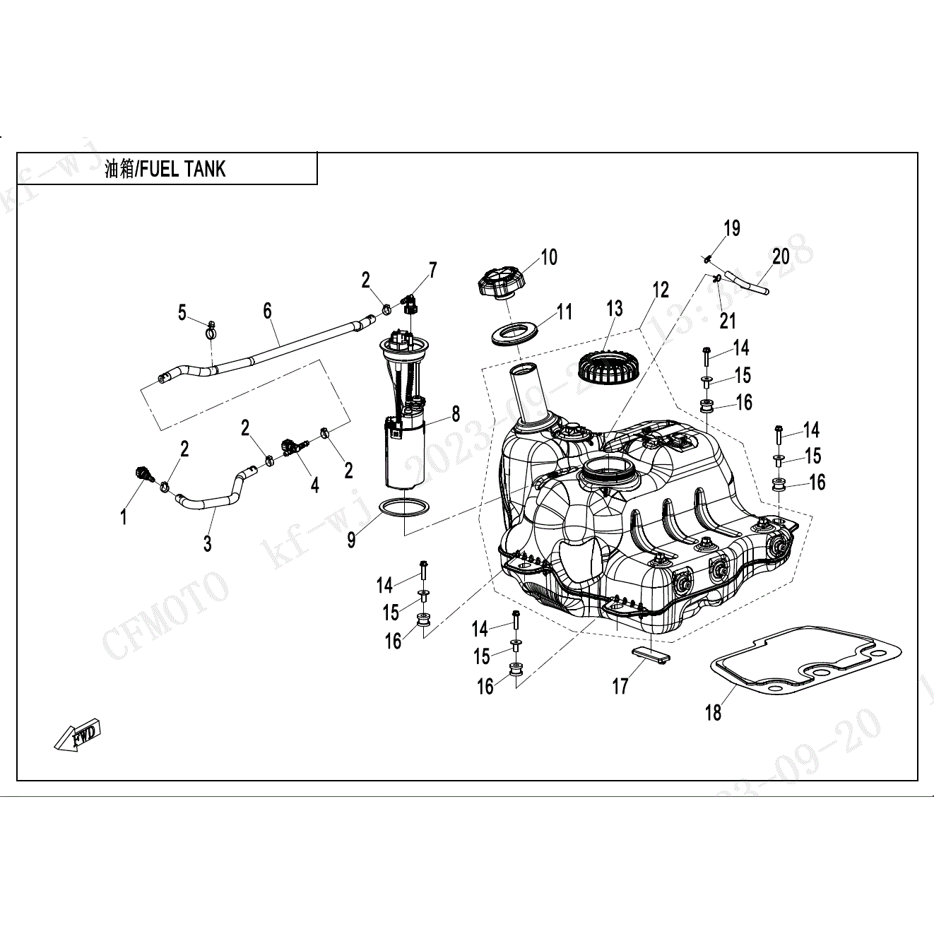 An Image of a genuine CFMOTO Parts Schematic Diagram showing the group - FUEL TANK - 2025 CFMOTO CFORCE 800 TOURING