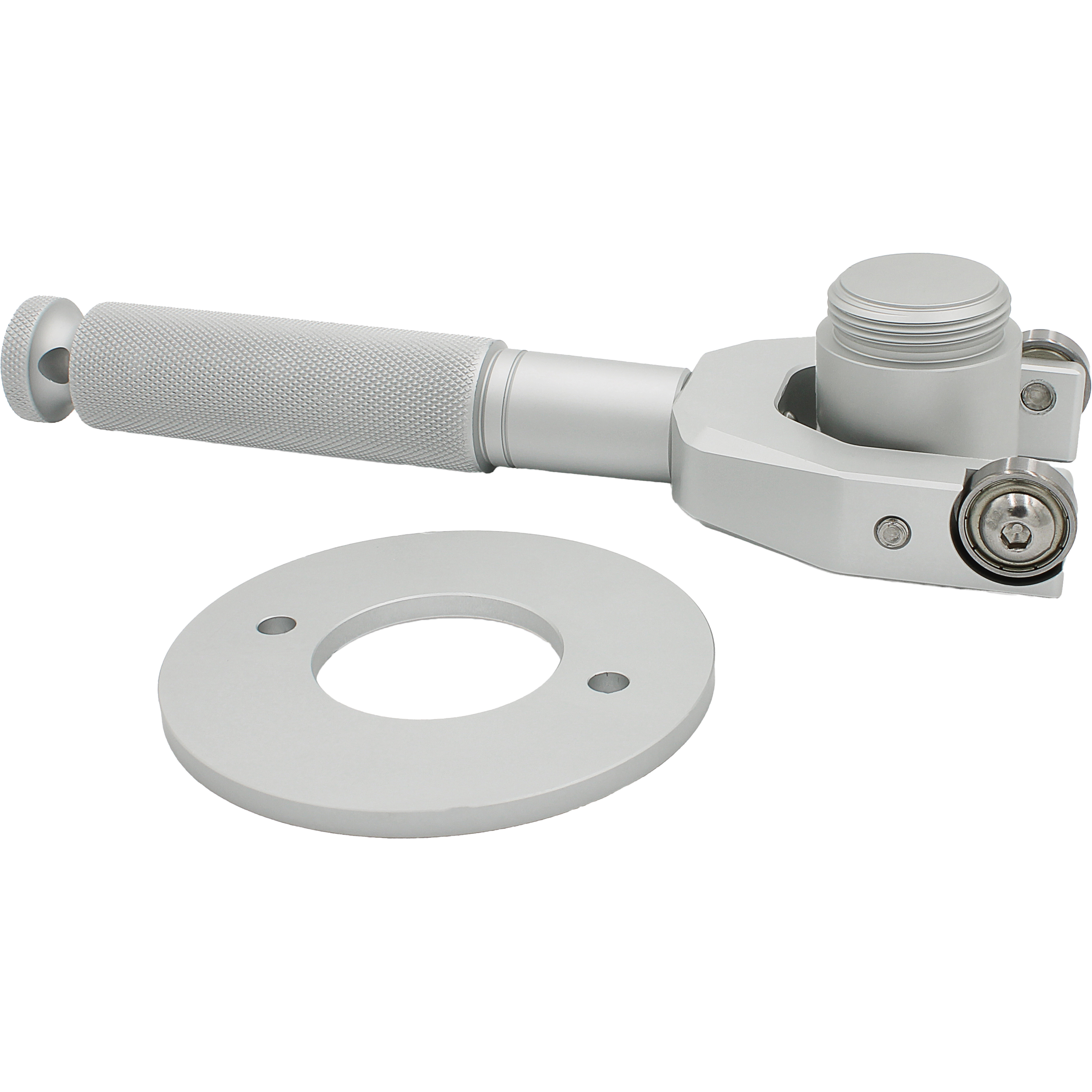The Belt Change Tool by EPI features a textured cylindrical handle, pivoting arm, and a two-hole circular attachment plate, all in a silver anodized aluminum finish, shown against a white background.