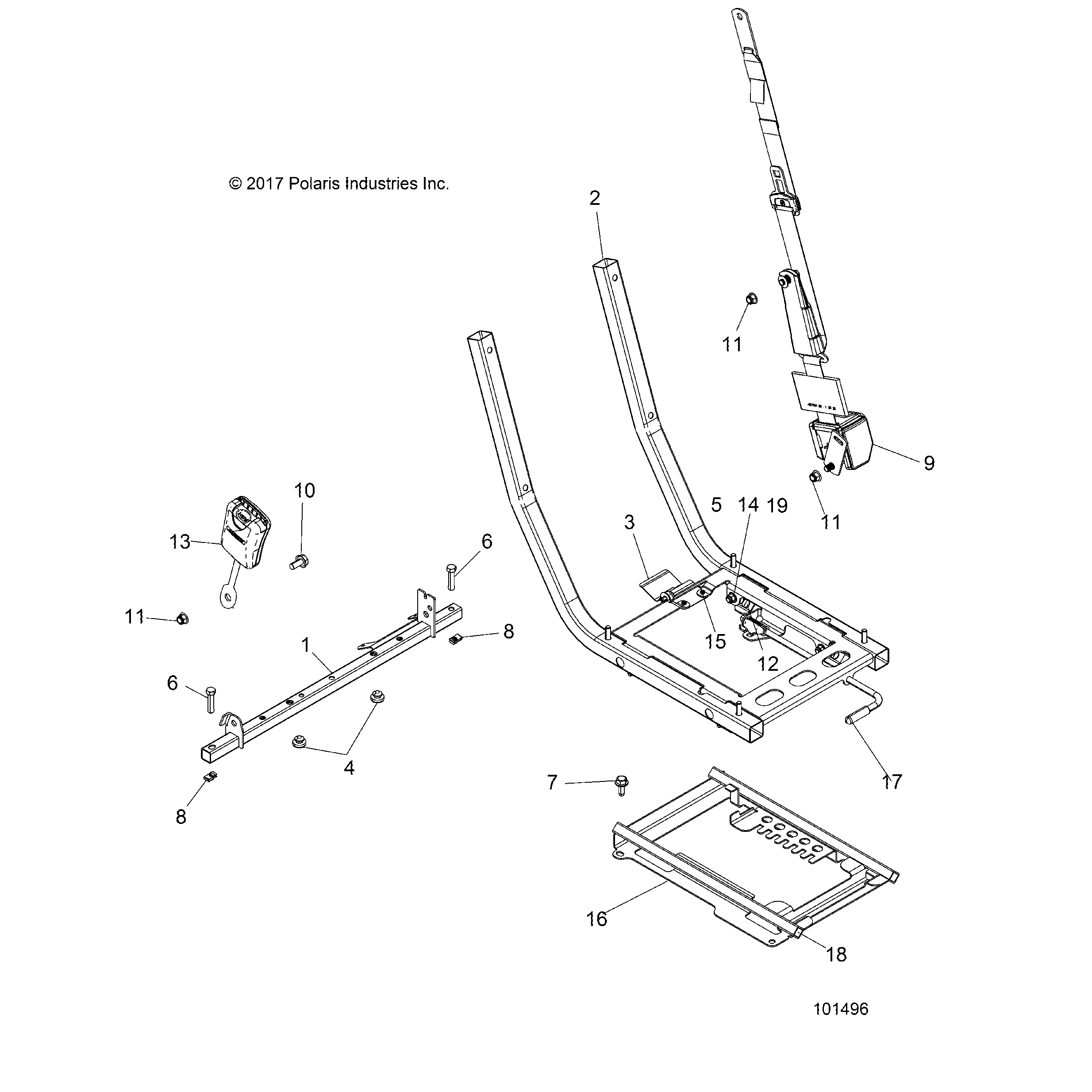 An Image of a Genuine Polaris Parts Schematic Diagram showing the schematic - BODY: SEAT MOUNTING AND BELT - 2018 POLARIS ACE 570