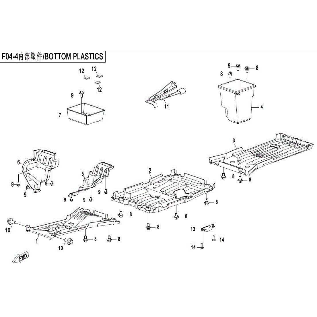An Image of a genuine CFMOTO Parts Schematic Diagram showing the group - BOTTOM PLASTICS - 2017 CFMOTO CFORCE 800