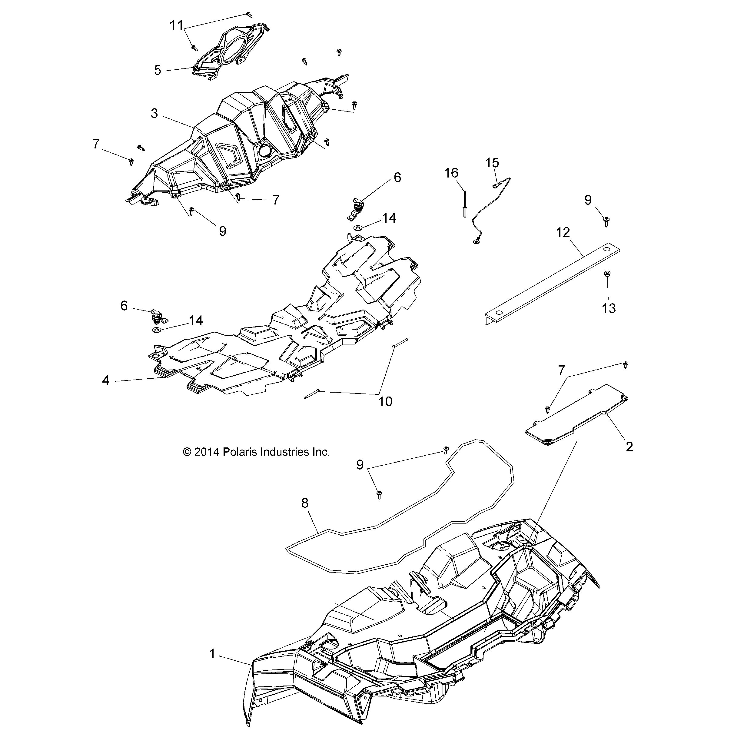 An Image of a Genuine Polaris Parts Schematic Diagram showing the schematic - BODY: HOOD AND FRONT BODY WORK - 2015 POLARIS SPORTSMAN ACE 325 EFI