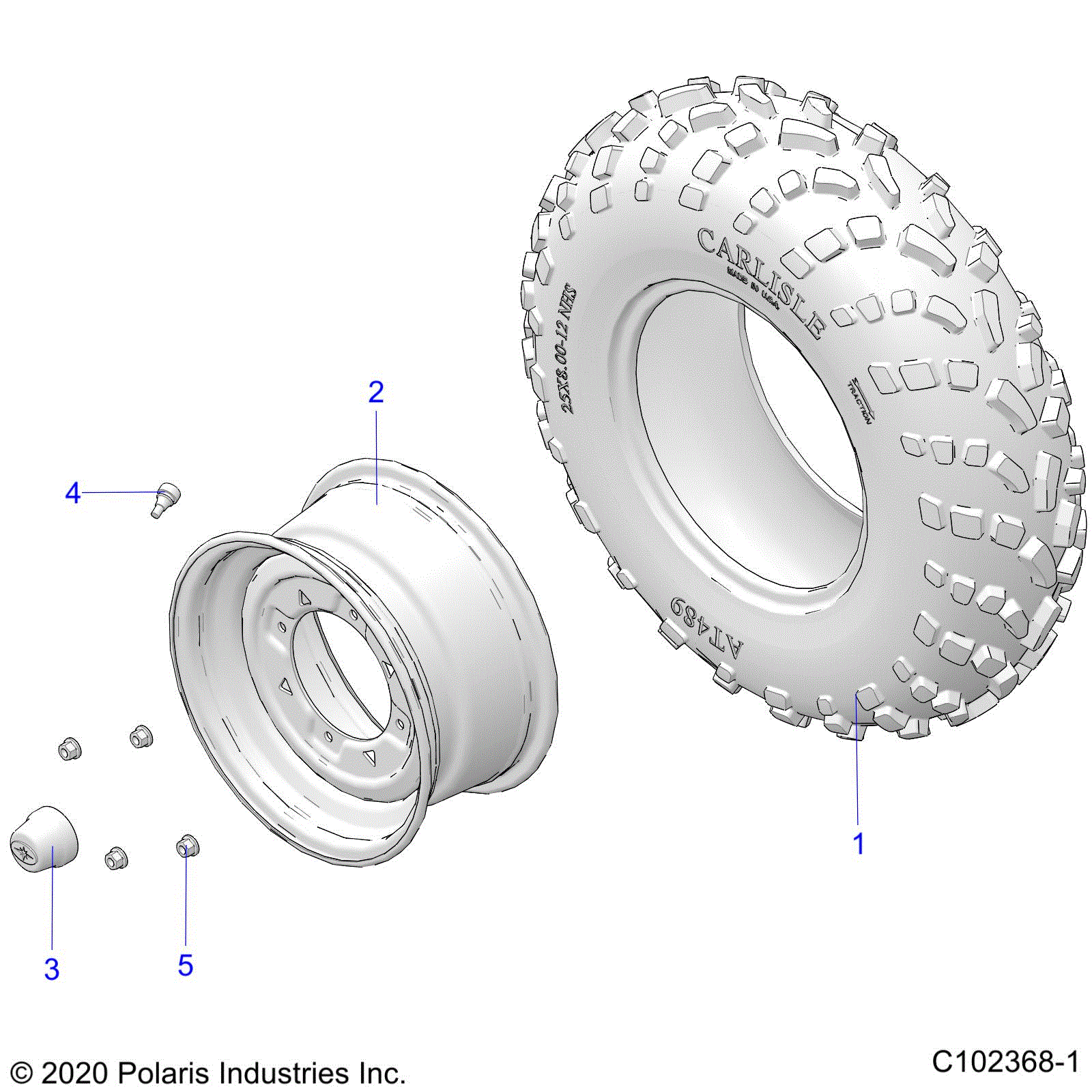 An Image of a Genuine Polaris Parts Schematic Diagram showing the schematic - WHEELS: FRONT TIRE - 2021 POLARIS SPORTSMAN 570 X2