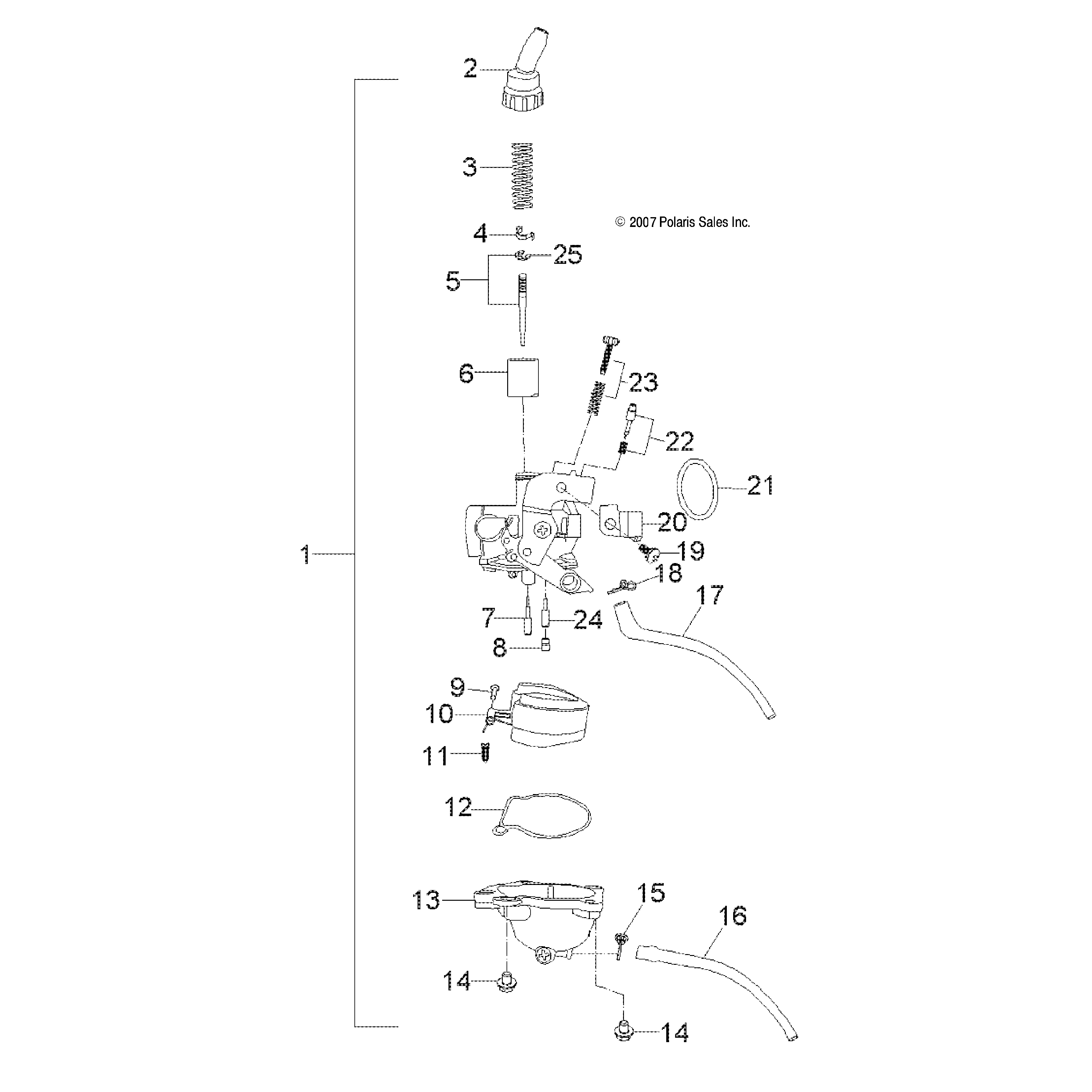 An Image of a Genuine Polaris Parts Schematic Diagram showing the schematic - ENGINE: CARBURETOR - 2016 POLARIS OUTLAW 50