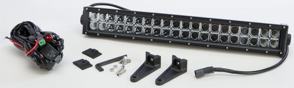 The Led Light Bar 21.5 by Open Trail for offroad driving includes a waterproof LED bar, wiring harness, mounting brackets, screws, hex keys, and connector, all displayed on a white surface.