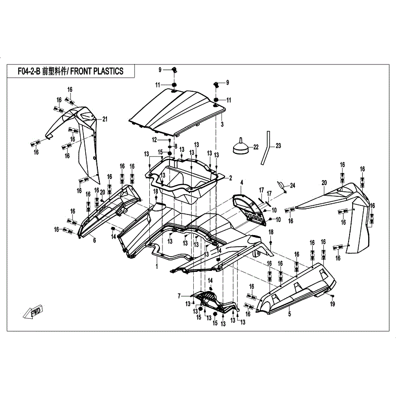 An Image of a Genuine CFMOTO Parts Schematic Diagram showing the schematic - FRONT PLASTICS (WITHOUT FRONT FENDER) - 2018 CFMOTO ZFORCE 800 EX