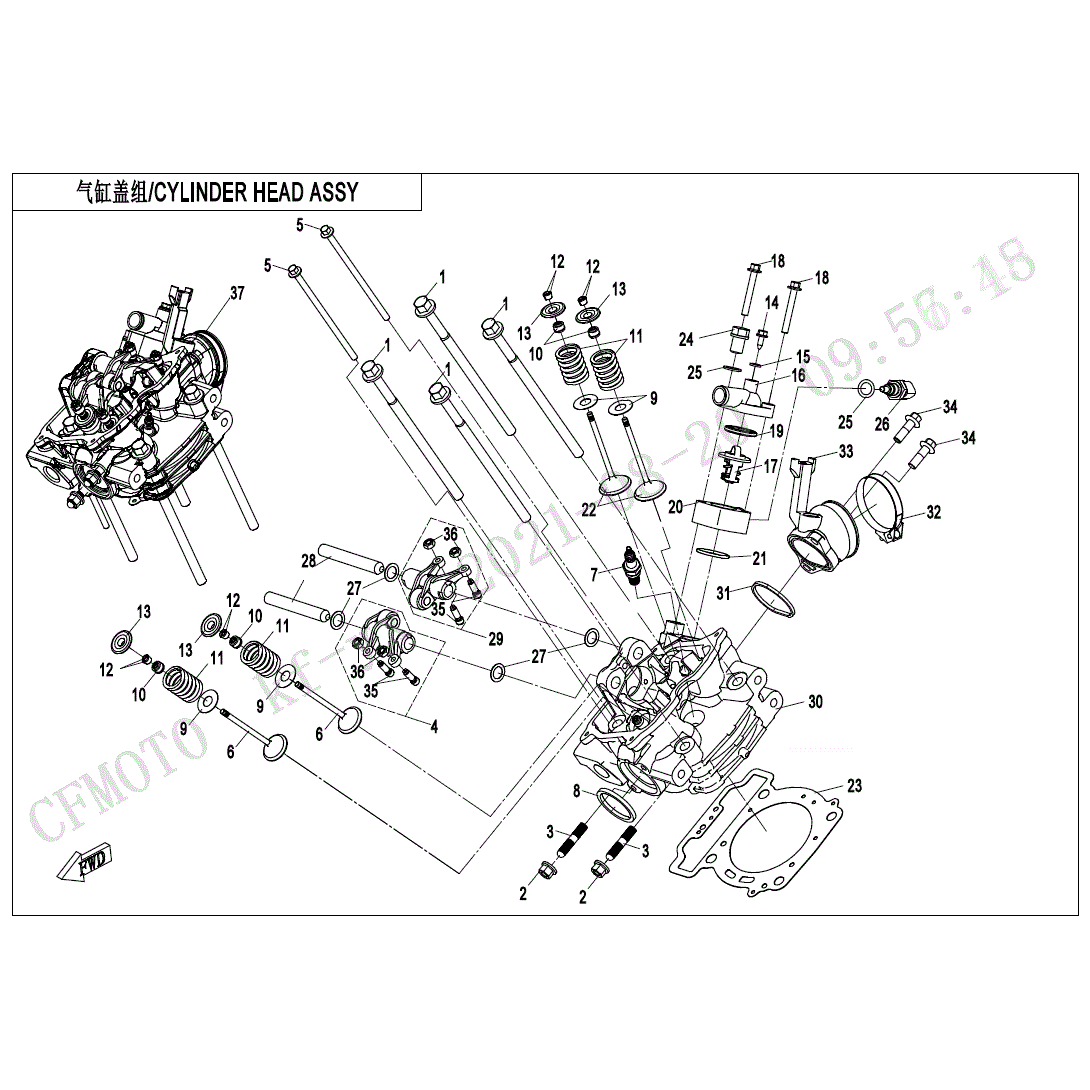 An Image of a genuine CFMOTO Parts Schematic Diagram showing the group - CYLINDER HEAD ASSY. (WITHOUT FUEL VAPORIZATION SYSTEM) - 2023 CFMOTO CFORCE 400