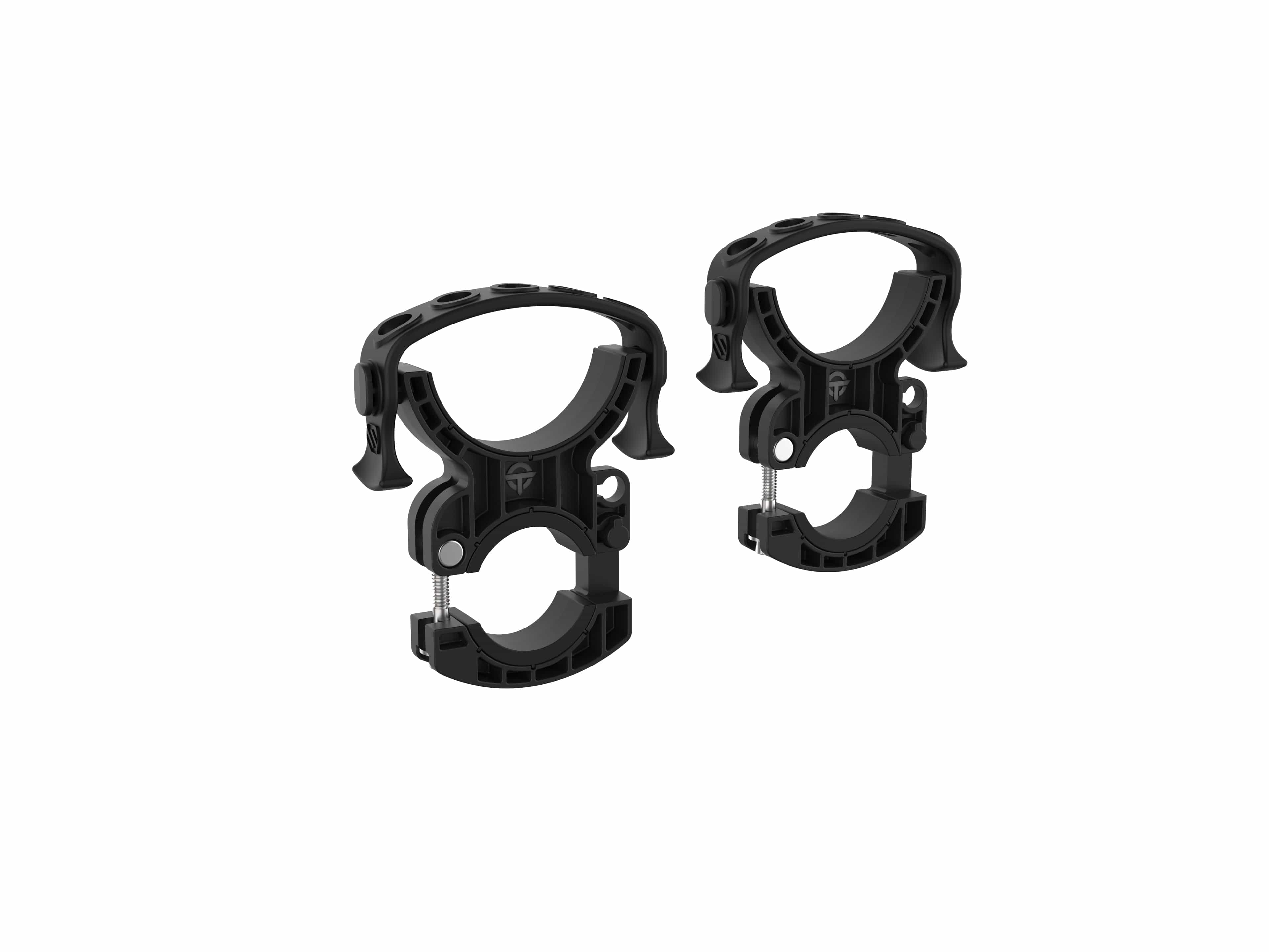 The Fire Extinguisher Mount - 2 Pack by Open Trail features heavy-duty black plastic clamps with handle tops and a self-locking clamp design, ideal for securing power sports gear with the Open Trail Strap and Clamp system. Displayed on a white background.