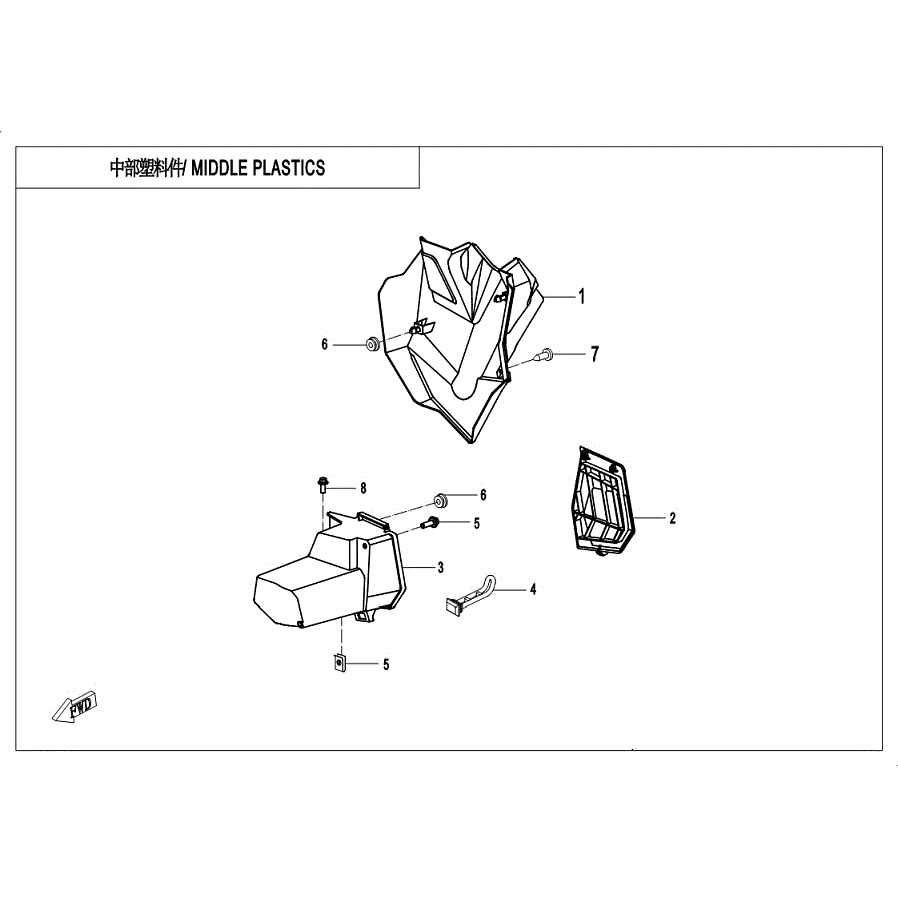 An Image of a Genuine CFMOTO Parts Schematic Diagram showing the schematic - MIDDLE PLASTICS 3 (EPS) - 2019 CFMOTO ZFORCE 800 Trail