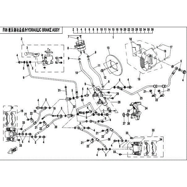 An Image of a genuine CFMOTO Parts Schematic Diagram showing the group - HYDRAULIC BRAKE ASSY - 2016 CFMOTO CFORCE 400