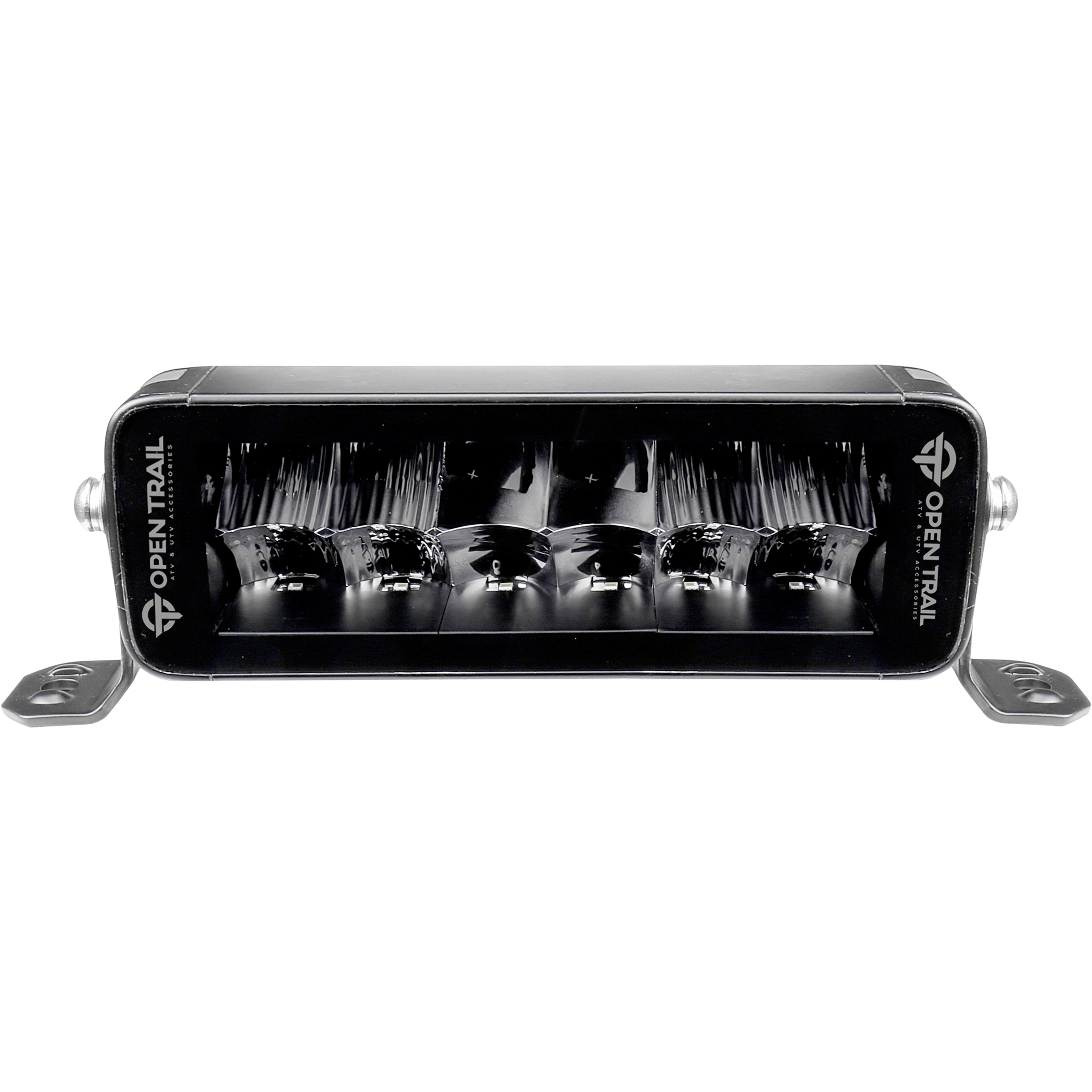 The Stealth LED Light Bar 7 by Open Trail features a black casing, four Osram LEDs, combo beam pattern for night offroad driving, side Open Trail branding, and mounting brackets on both ends.