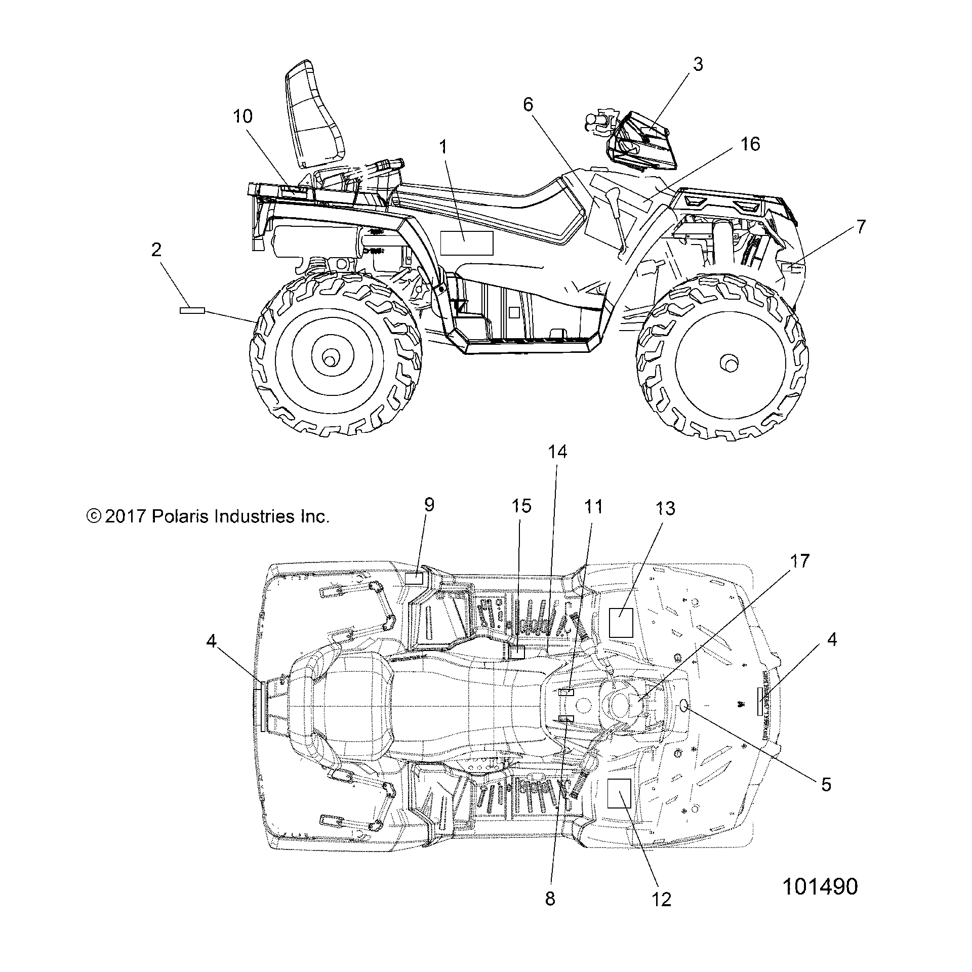 An Image of a Genuine Polaris Parts Schematic Diagram showing the schematic - BODY: DECALS - 2018 POLARIS SPORTSMAN TOURING 570 SP