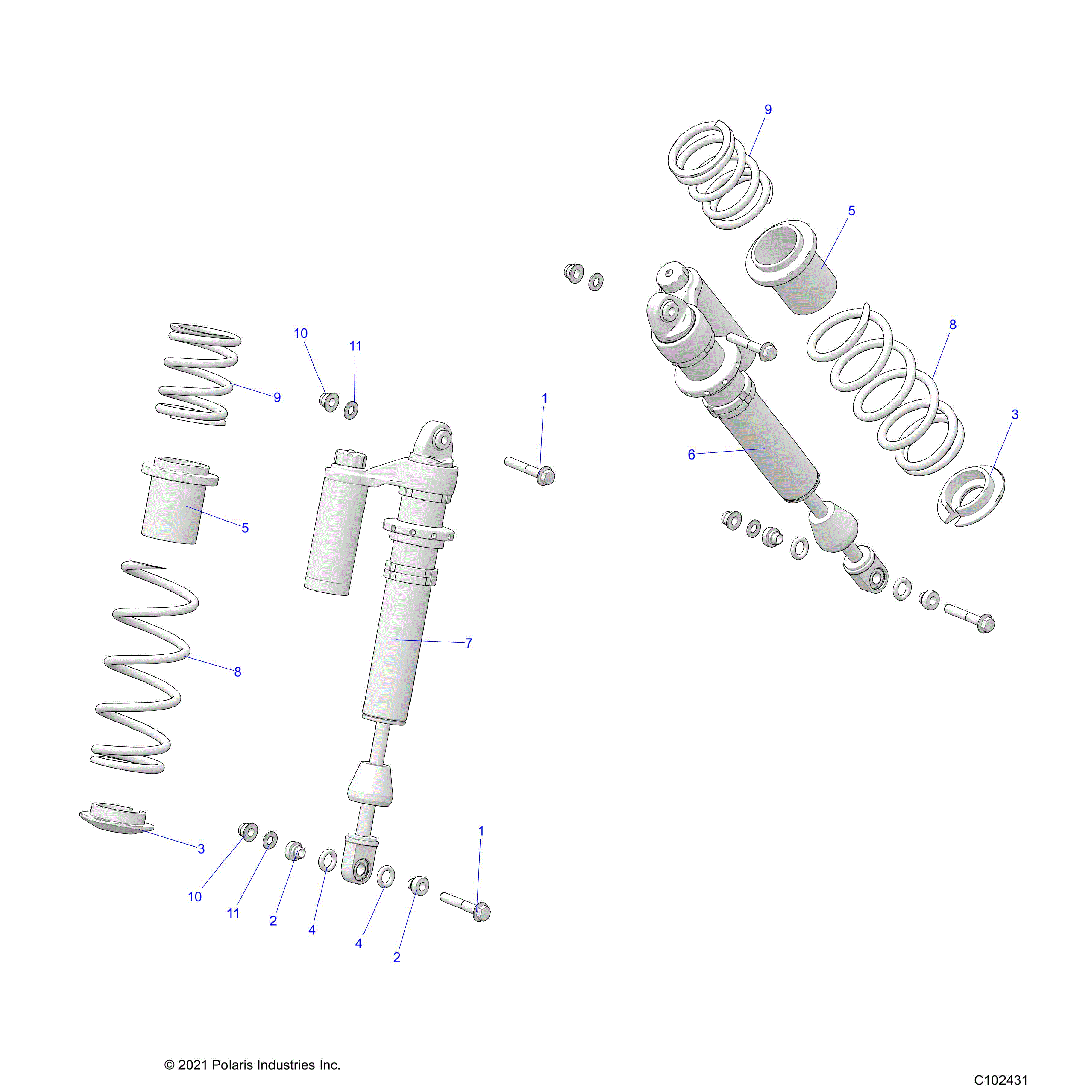 An Image of a Genuine Polaris Parts Schematic Diagram showing the schematic - SUSPENSION: SHOCK FRONT - 2023 POLARIS SCRAMBLER XP 1000 S 55" 49S