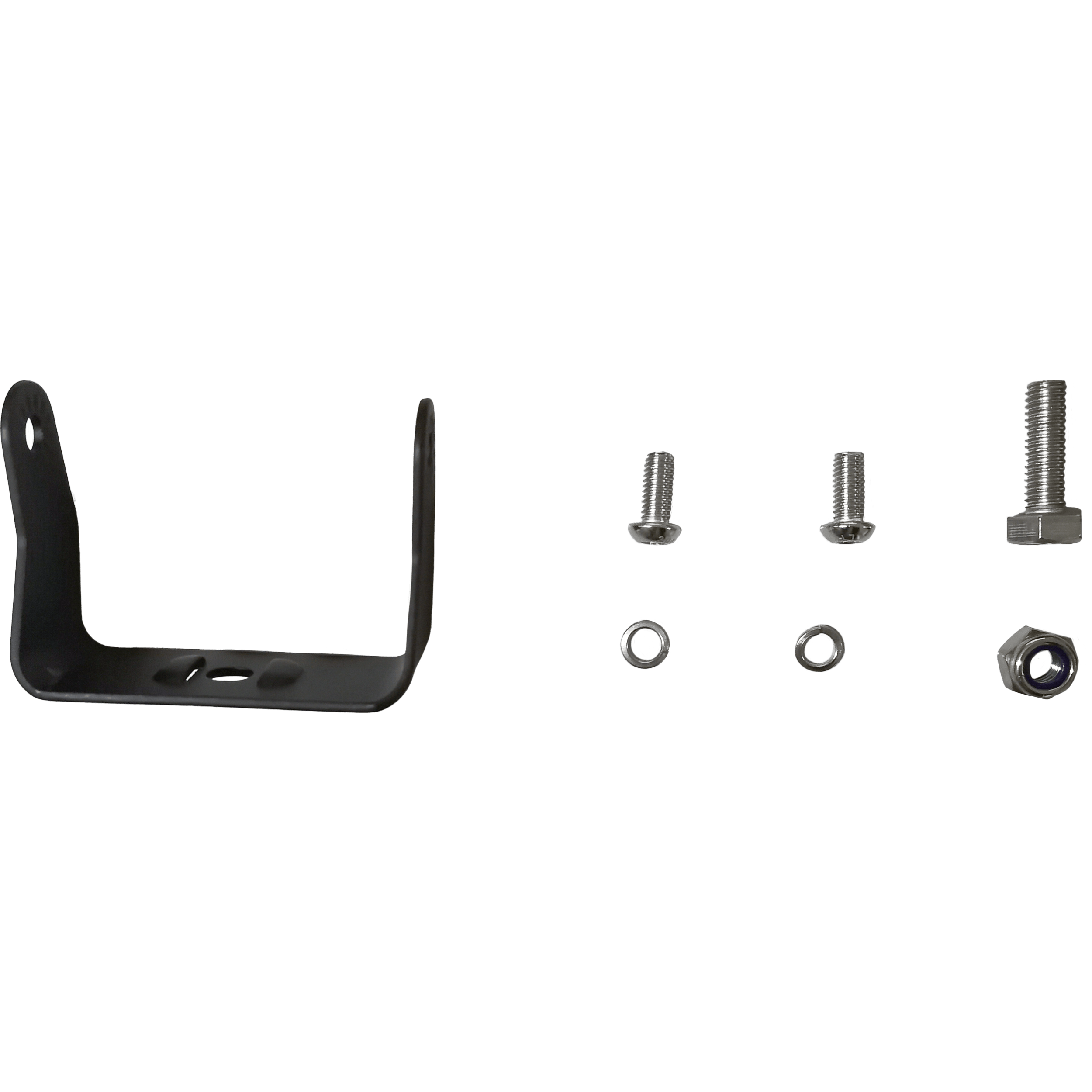 The Mounting Bracket Stealth Pods by Open Trail is displayed next to three silver bolts of different sizes and two matching nuts, all neatly arranged on a white background.