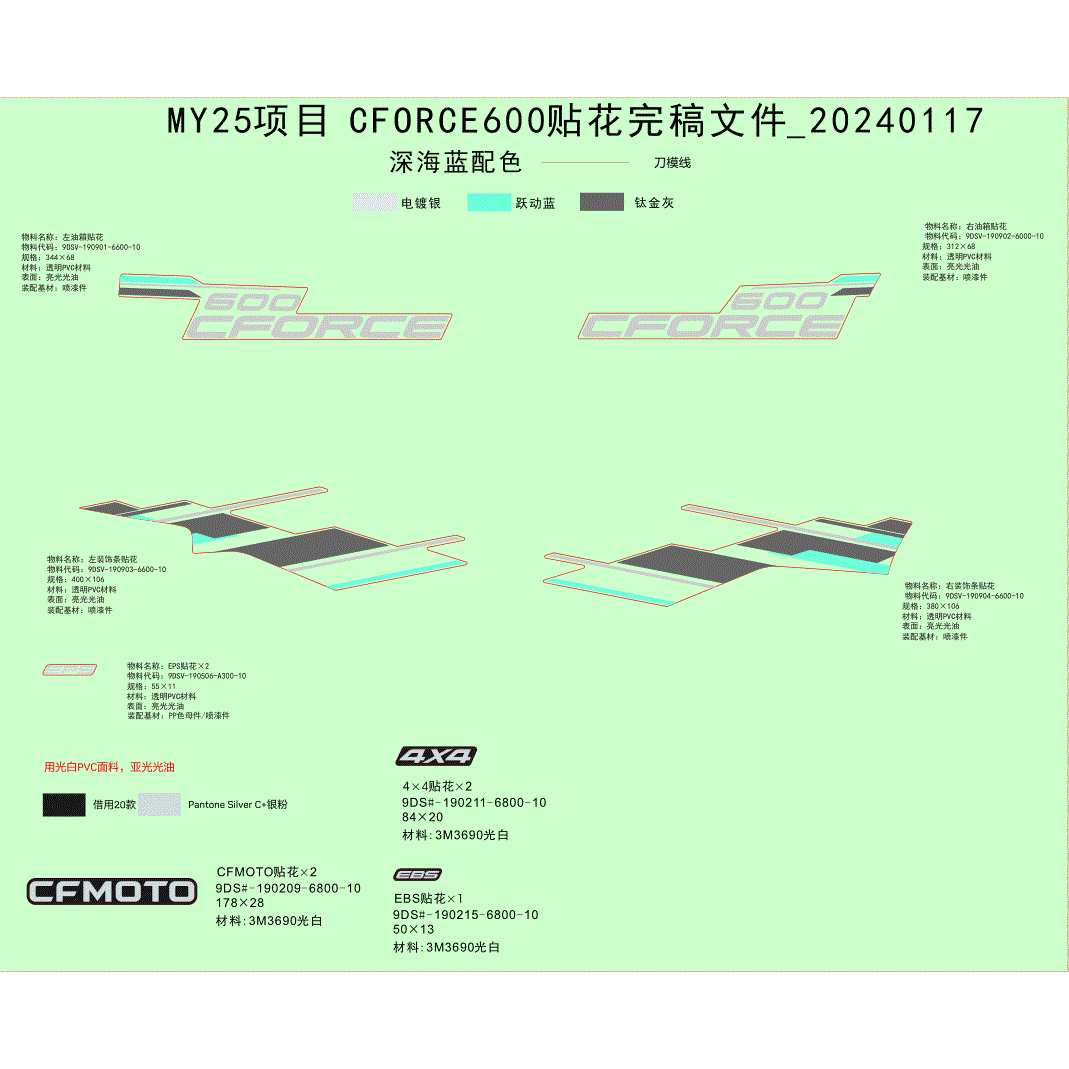 An Image of a genuine CFMOTO Parts Schematic Diagram showing the group - DECAL KITS (TWILIGHT BLUE) - 2025 CFMOTO CFORCE 600